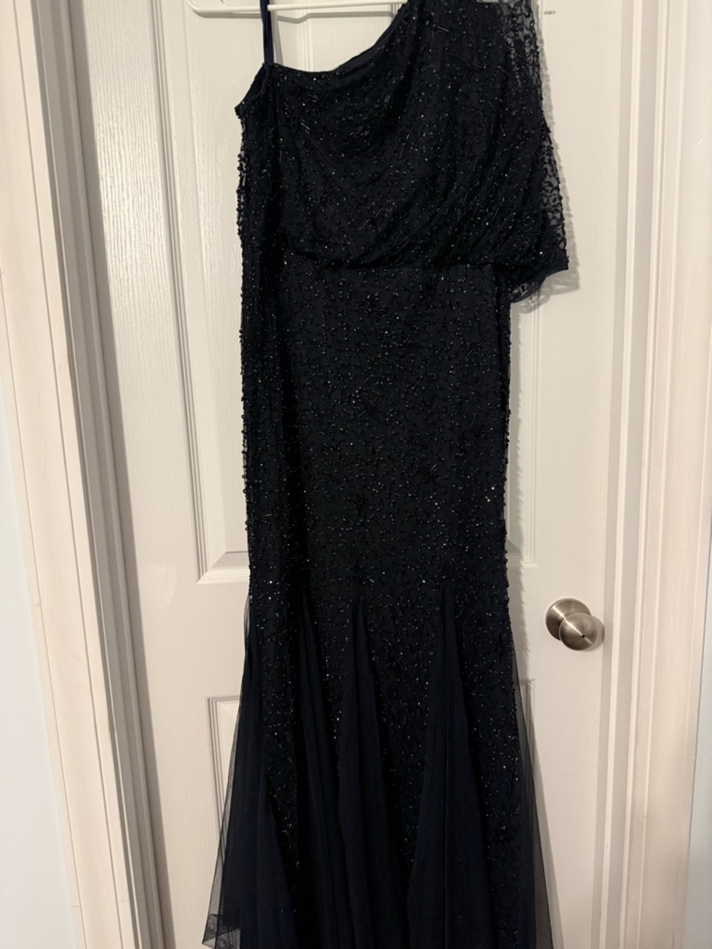 Adrianna Papell Navy Beaded One-Shoulder Evening Dress